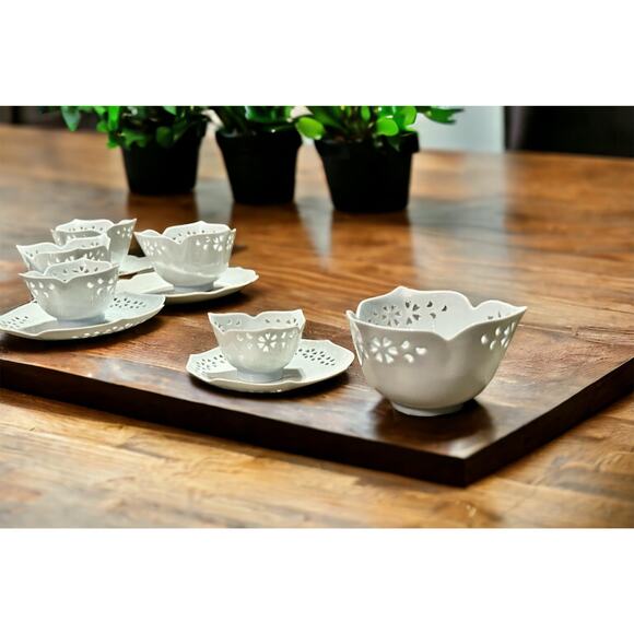 Japanese White Porcelain Cutout Bowl & Saucer Set-17pc-Pier 1 Lotus Accent Plate - Picture 2 of 10